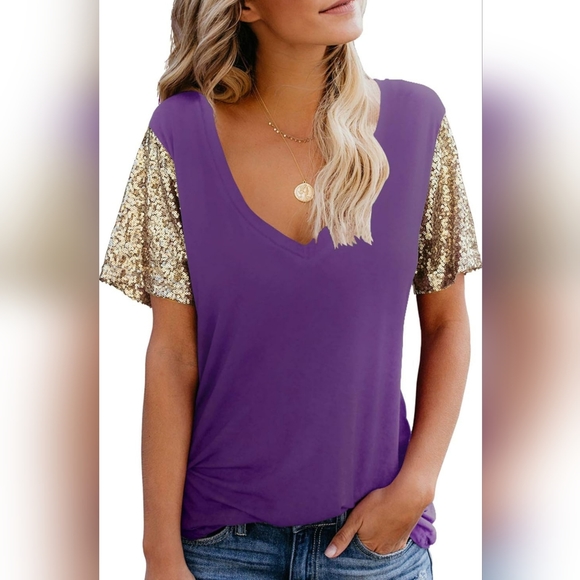 Topstype Women's Purple Short Sleeve Tee V Neck T Shirt Gold Sequin Large - Picture 2 of 4